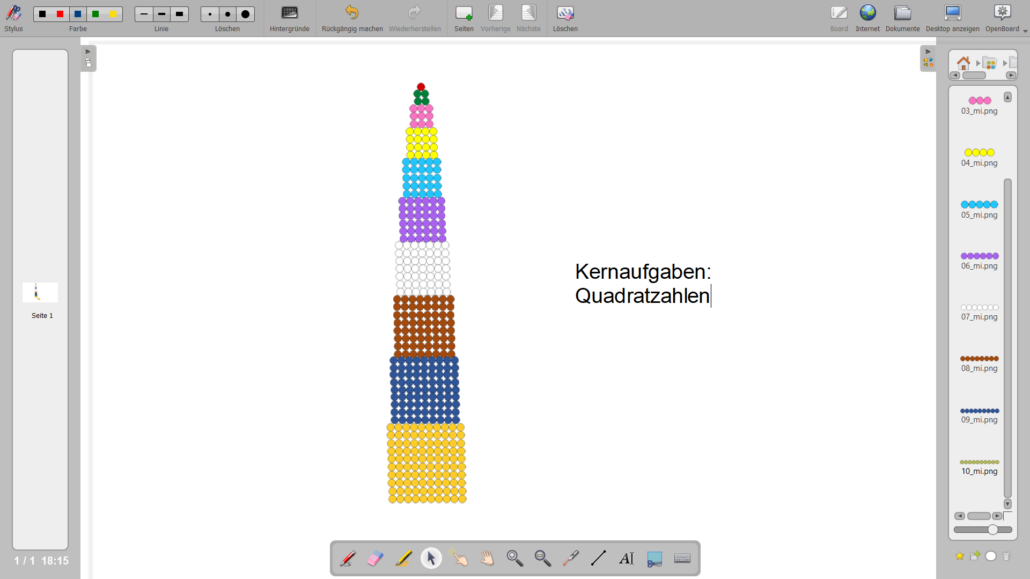 Online-Arbeit, Kernaufgaben, hier Quadratzahlen,  mit farbigen Montessori-Perlentäbchen zum Turm gelegt