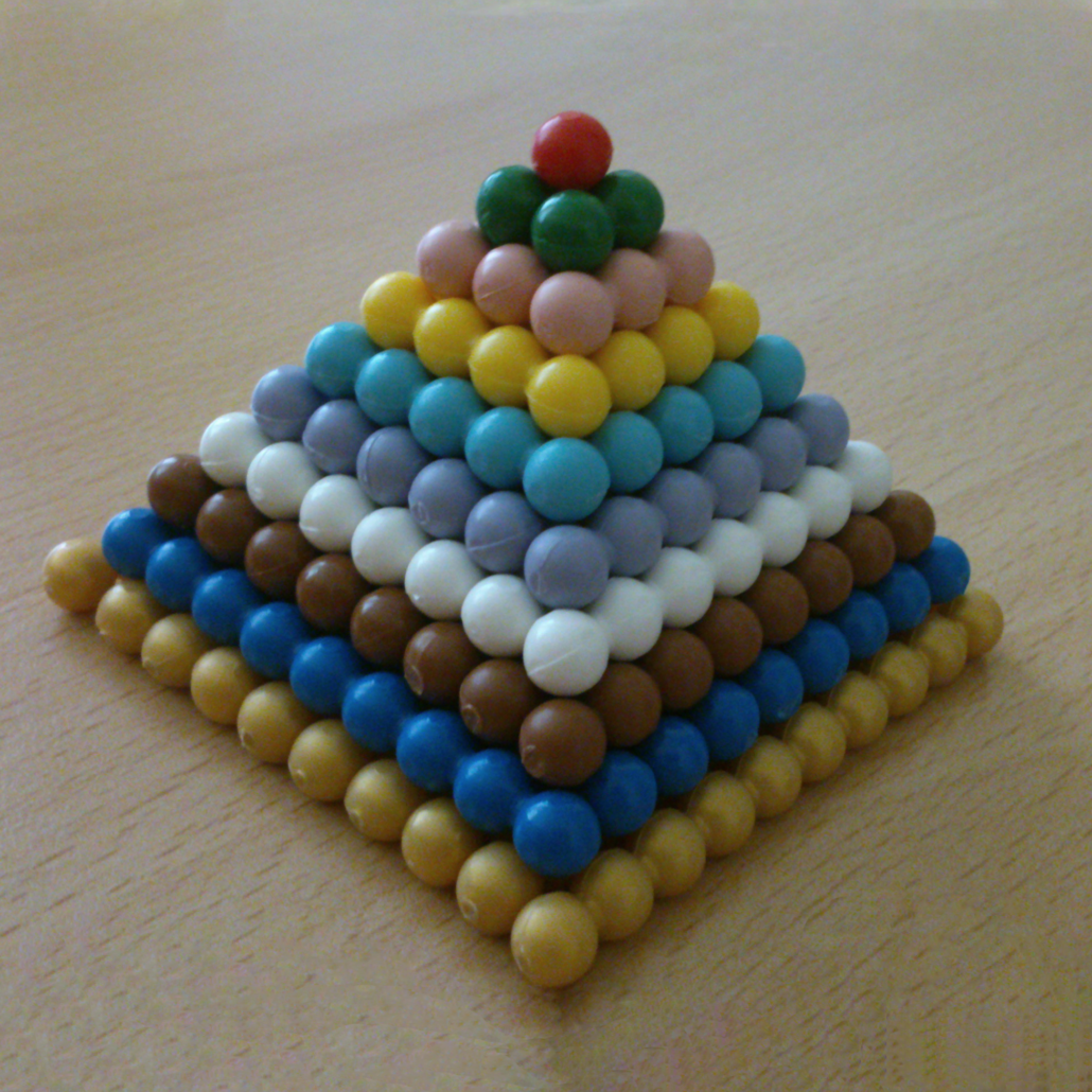 Statt Einmaleins-Reihen auswendig: Quadratzahlen mit Montessori-Stäbchen zur Pyramide geschichtet